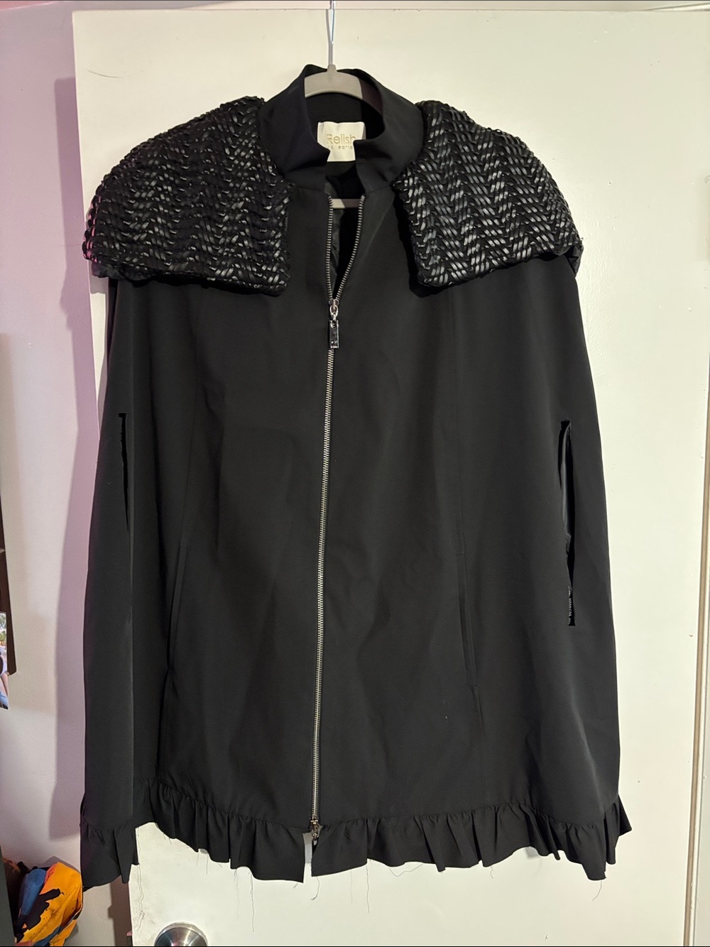 Relish Collection Woven-Detail Black Women's Zip Jacket / Cape.
